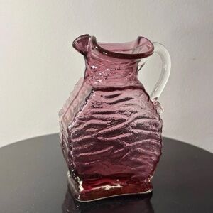 Vintage Pilgrim Glass Cranberry Miniature Pitcher Rippled Pebbled Clear Handle